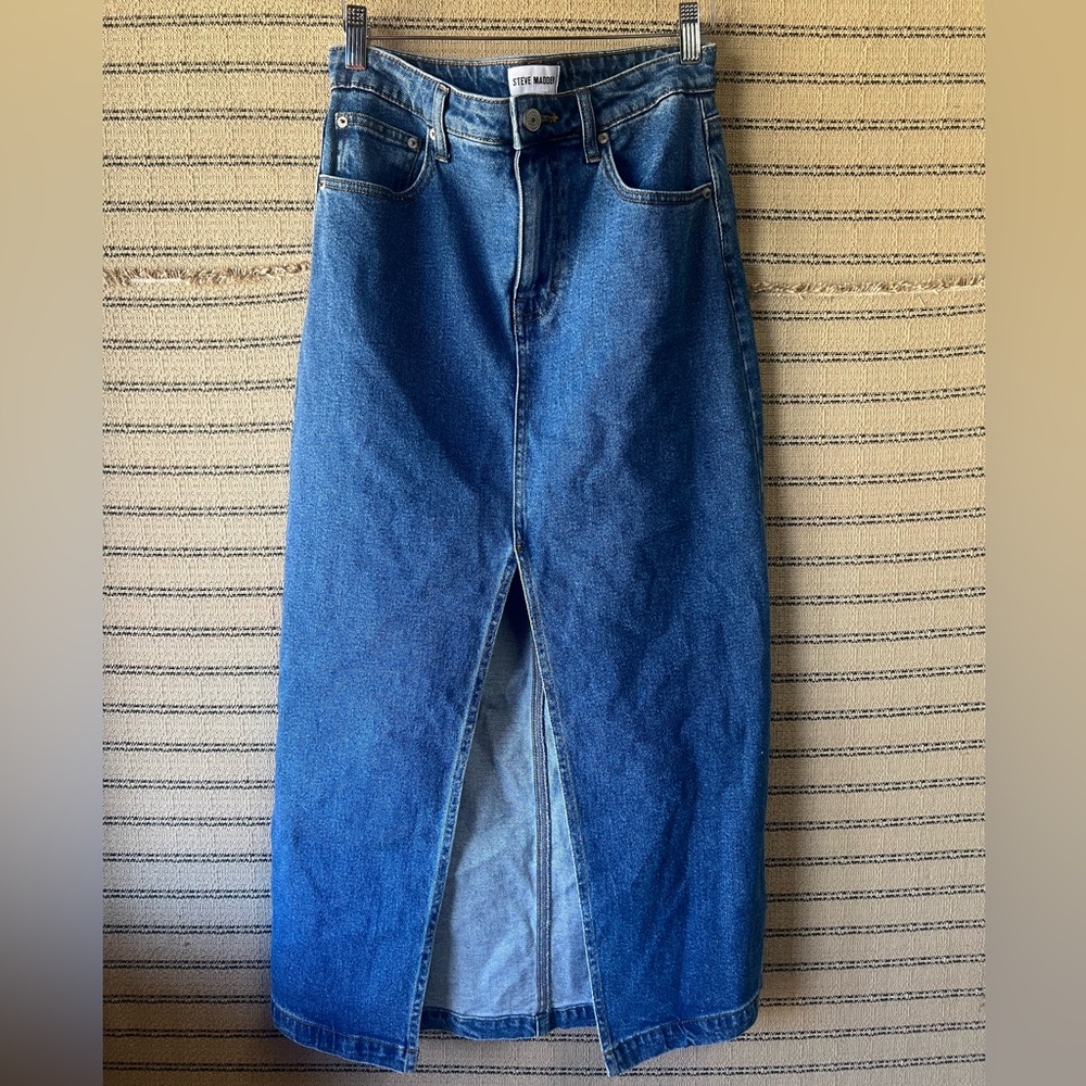 Steve Madden Blue Denim Midi Skirt with Middle Slit